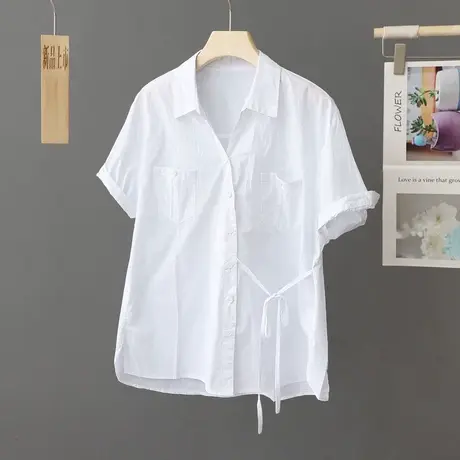 2023新款夏季薄款纯棉白色衬衫女短袖系带设计感小众上衣百搭衬衣商品大图