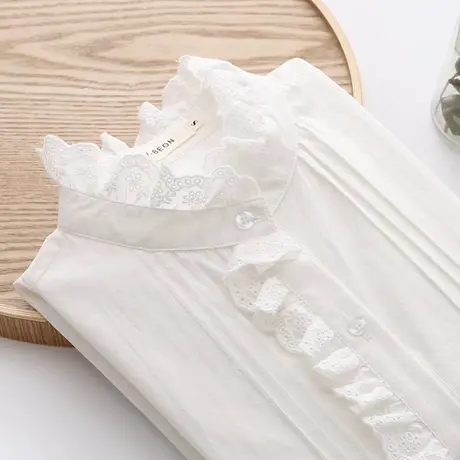 春季韩版蕾丝花边纯棉立领长袖衬衫女宽松设计感小众打底白色衬衣图片