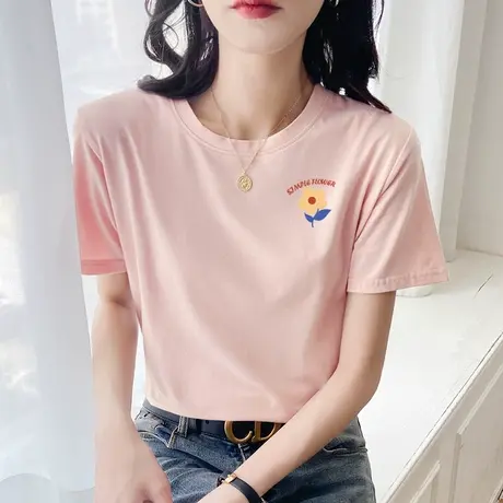 短袖2022年新款夏季少女粉t恤女纯棉洋气字母印花体恤韩版上衣潮商品大图