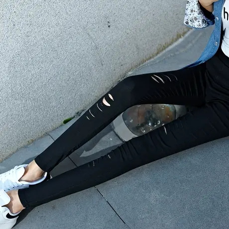 破洞黑色打底裤女外穿春夏薄款裤子女小脚裤显瘦铅笔裤乞丐九分裤图片