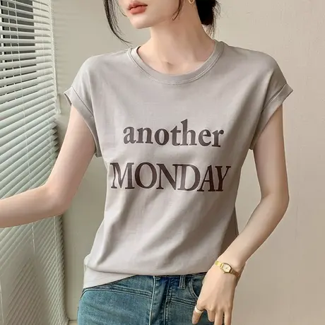 字母印花圆领短袖T恤女2023夏季新款宽松休闲落肩百搭透气上衣薄图片