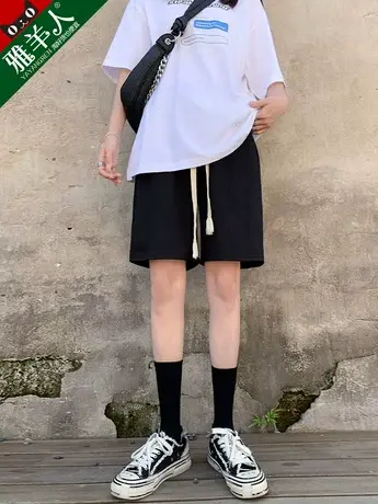 冰丝运动短裤女夏季薄款高腰宽松显瘦黑色a字阔腿5分休闲五分中裤图片