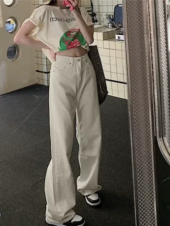 清仓2023年春秋直筒宽松高腰显瘦显高宽松米白色阔腿裤港风商品大图