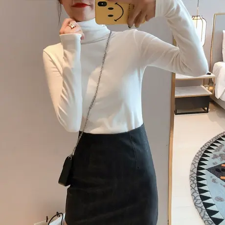 2023年新款春秋冬季白色洋气高领百搭打底衫内搭黑色长袖t恤女装商品大图