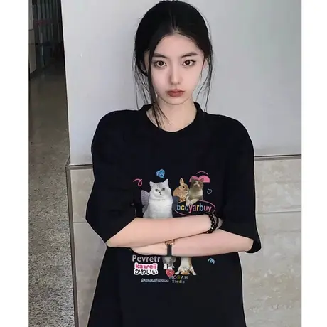黑色纯棉短袖t恤女夏季美式复古港味chic小众设计感宽松半袖上衣商品大图