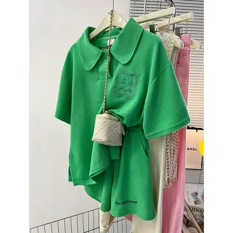 盐系华夫格运动休闲polo衫套装女夏季宽松时尚短袖短裤两件套大码图片