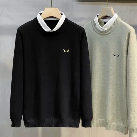 衬衫领假两件毛衣男秋冬季加绒加厚打底衫针织衫男外套休闲毛线衣商品大图