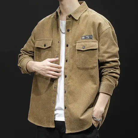 灯芯绒衬衫外套男春秋加肥加大衬衣休闲工装长袖男士上衣大码秋季商品大图