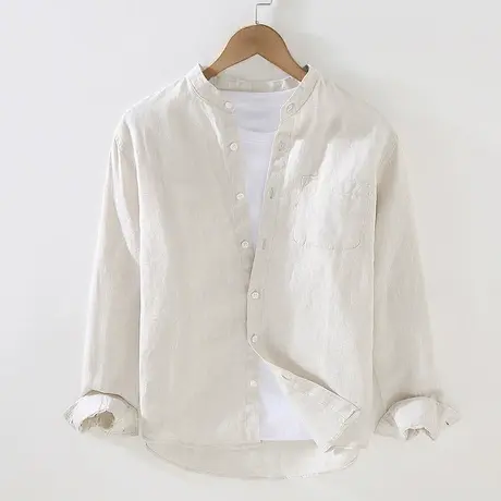 亚麻衬衫男春夏季休闲男士棉麻长袖立领衬衣白色宽松日系复古上衣商品大图