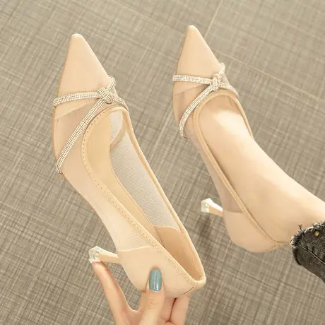 2021年新款仙女风水钻浅口高跟鞋女百搭名媛尖头细跟网纱透气凉鞋图片