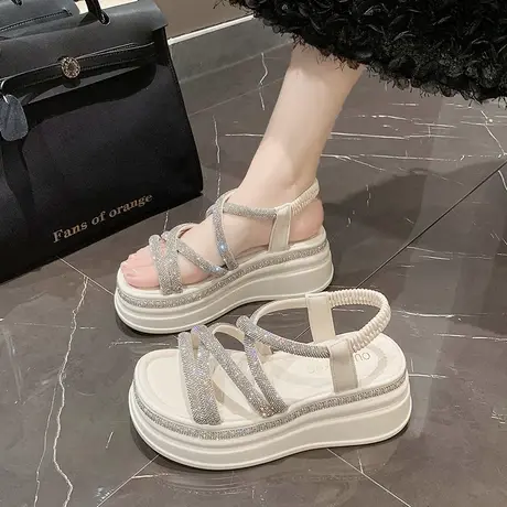 2023夏季新款厚底增高仙女风外穿时尚水钻百搭松糕坡跟罗马凉鞋女图片