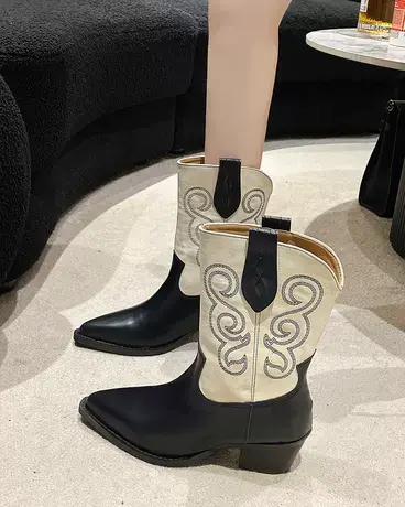 2023粗跟高跟中筒靴女厚底刺绣V口高筒骑士靴复古长筒尖头西部靴商品大图