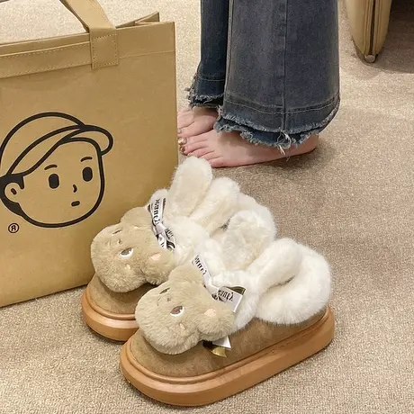 可爱小熊毛毛棉鞋女冬季室内外穿加绒加厚保暖包跟厚底防滑雪地靴商品大图