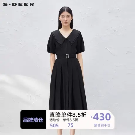 sdeer圣迪奥女装学院风V领收腰短袖连衣裙S232Z12PB图片