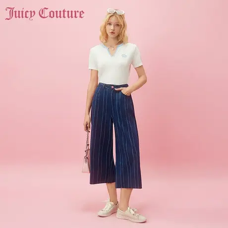 Juicy Couture橘滋2024新款蓝调时光纽扣条纹七分女式牛仔裤商品大图