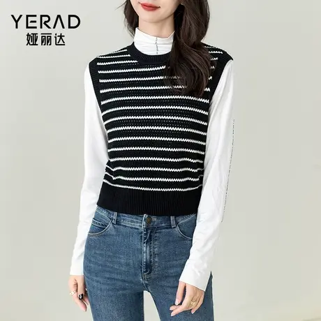 娅丽达撞色条纹针织马甲背心女2024春季新款女装复古叠穿短款上衣商品大图
