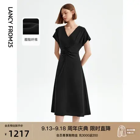 朗姿法式气质显瘦黑色别致独特连衣裙2023年夏季新款高级感长裙女商品大图