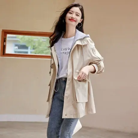 时尚连帽气质风衣夹克外套女2022秋季新款通勤百搭休闲中长款上衣商品大图