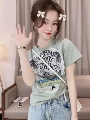 欧洲站2023夏季新款韩版印花短袖T恤女百搭修身显瘦圆领半袖上衣商品大图