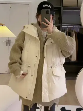 韩版2023秋冬新款大口袋宽松大码羽绒棉马甲收腰显瘦棉衣马夹外套商品大图