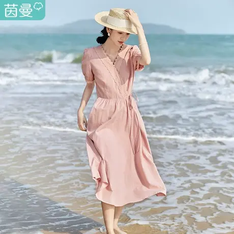 茵曼法式文艺连衣裙2023夏女装新款V领镂空泡泡袖系带收腰裙子商品大图