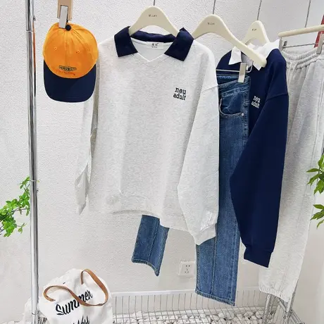 设计感拼色上衣秋装新款韩系字母复古polo领长袖卫衣运动休闲大码商品大图