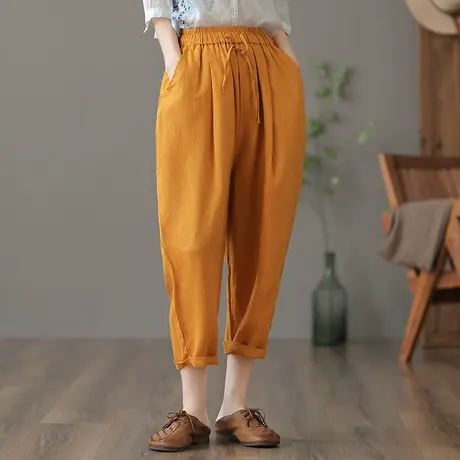 dza 高腰显瘦抽绳九分棉麻裤子女士薄款宽松阔腿裤夏季休闲亚麻裤商品大图