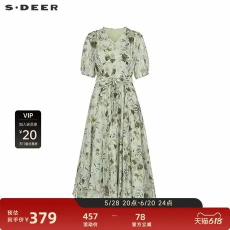 sdeer圣迪奥女装小清新V领印花收腰短袖连衣裙S242Z12U2图片