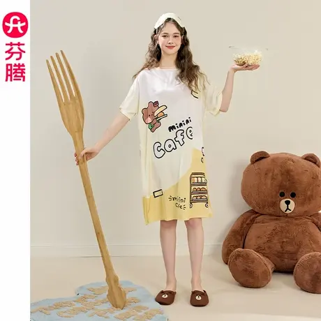 芬腾布朗熊睡裙女款夏季冰丝短袖薄款睡衣裙可爱少女家居服连衣裙图片