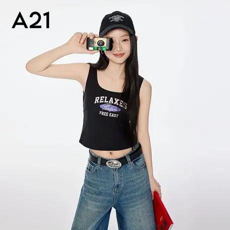 A21女装黑色字母印花短款工字背心简约设计感U型领上衣图片