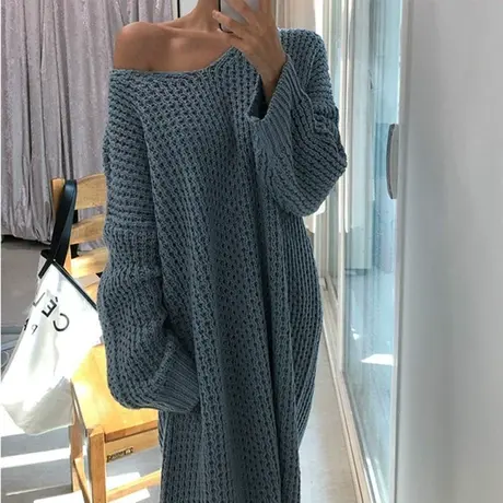春秋新套头毛衣过膝长款时尚慵懒风V领宽松大码毛针织衫休闲外套图片