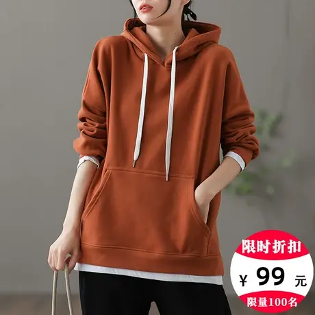 dza 假两件加厚连帽卫衣女冬季新款宽松套头休闲短款加绒长袖上衣商品大图