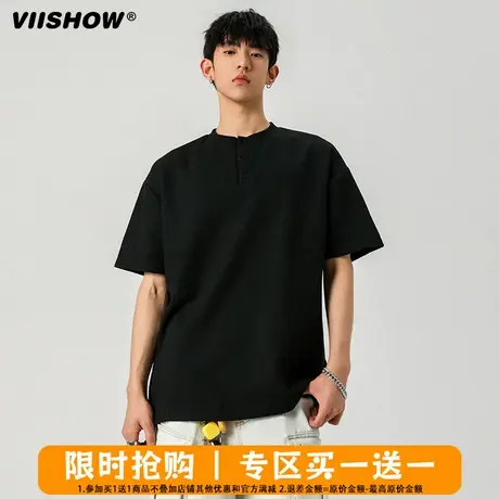 VIISHOW日系华夫格亨利领短袖男夏季新款oversize休闲半袖PoloT恤商品大图