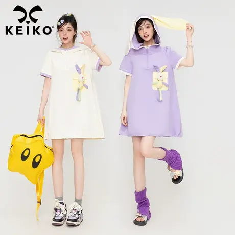 KEIKO原创兔耳朵连帽连衣裙夏日多巴胺设计感可爱卫衣裙紫色T恤裙图片