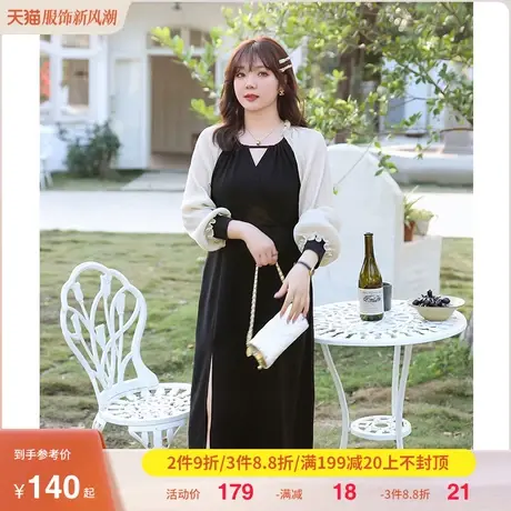 2023秋装小心机V领气质长袖收腰大码显瘦胖妹妹垂坠感开衩连衣裙商品大图