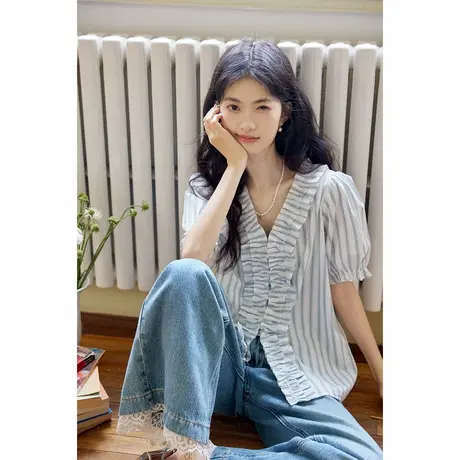 弥古v领蓝白条纹衬衫上衣女高级感短袖宽松法式泡泡袖衬衣2025夏图片