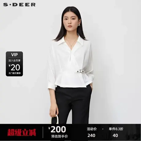 sdeer圣迪奥女装OL风V领压褶白色七分袖衬衫S23280407图片