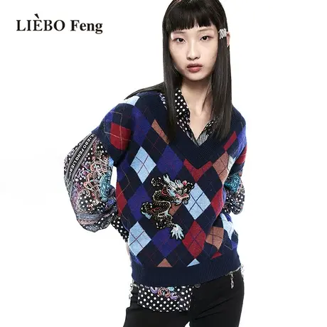 裂帛LIEBOFeng商场同款2023年设计师款立体龙纹刺绣菱形格纹马甲商品大图