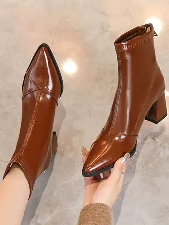 高跟小众显瘦瘦靴女鞋2023年新款秋冬季加绒尖头法式棕色小短靴子商品大图