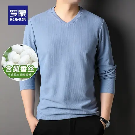 【官方正品】罗蒙含桑蚕丝长袖T恤男士春季新款中青年休闲V领上衣图片