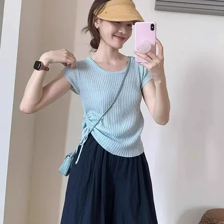 冰丝针织正肩短袖T恤女2025新款夏季设计感气质特别漂亮掐腰上衣商品大图