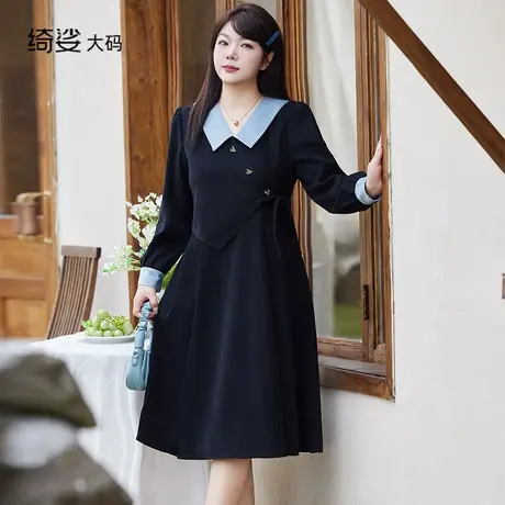 绮娑大码秋季女装新款气质拼接假两件马甲显瘦胖MM磨毛A字连衣裙商品大图