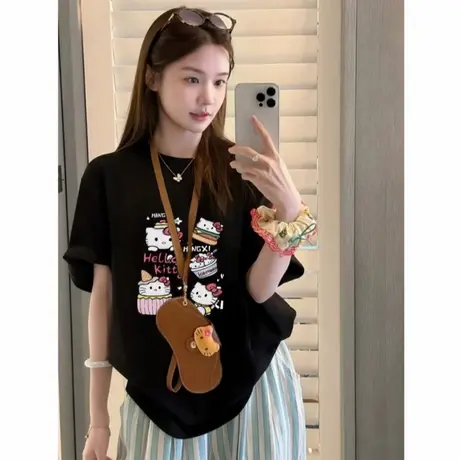 美式时尚HelloKitty凯蒂猫可爱印花t恤女夏2025新款黑色纯棉上衣商品大图