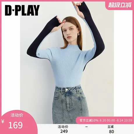 DPLAY秋季气质通勤拼色圆领针织衫简约修身打底衫毛衣上衣女商品大图