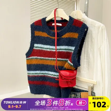唐狮2025秋冬毛衣女彩色条纹设计圆领套头马甲外穿高级感百搭背心商品大图
