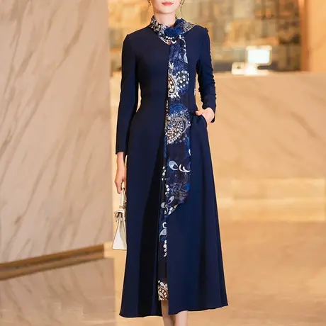 蓝色过膝连衣裙女春秋2023新款气质端庄修身显瘦中长款长袖a字裙图片