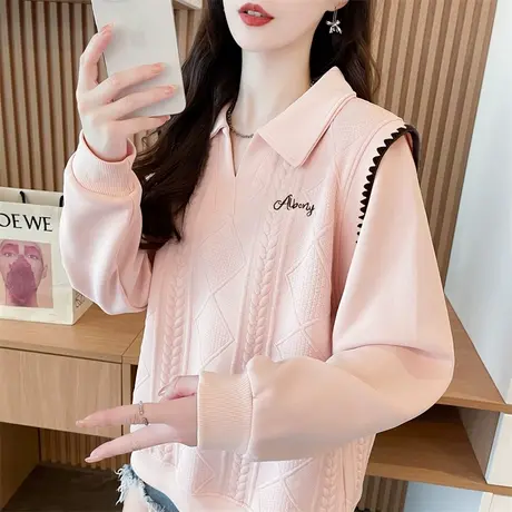 重工刺绣翻领polo衫卫衣女春秋韩版宽松薄款撞色洋气百搭上衣外套商品大图