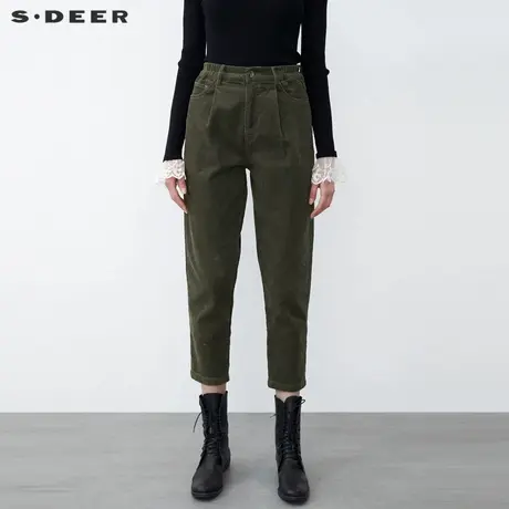S·DEER圣迪奥女装复古休闲暗褶插袋灯芯绒宽松长裤S21480810图片