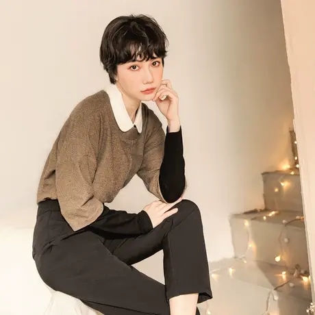 桔熊秋冬季休闲假两件套上衣温暖撞色长袖针织衫女大码AB16631图片