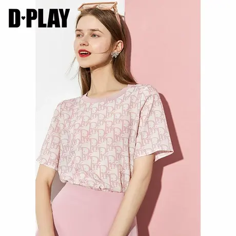 DPLAY德帕拉夏新原创满印字母T恤宽松舒适仿真丝粉色雪纺上衣商品大图